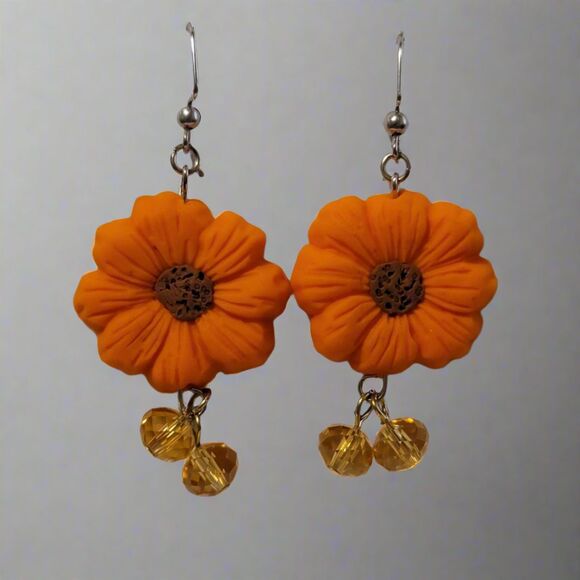 Handmade Orange Flower Dangle Earrings – Polymer Clay Floral Jewelry - Picture 1 of 5